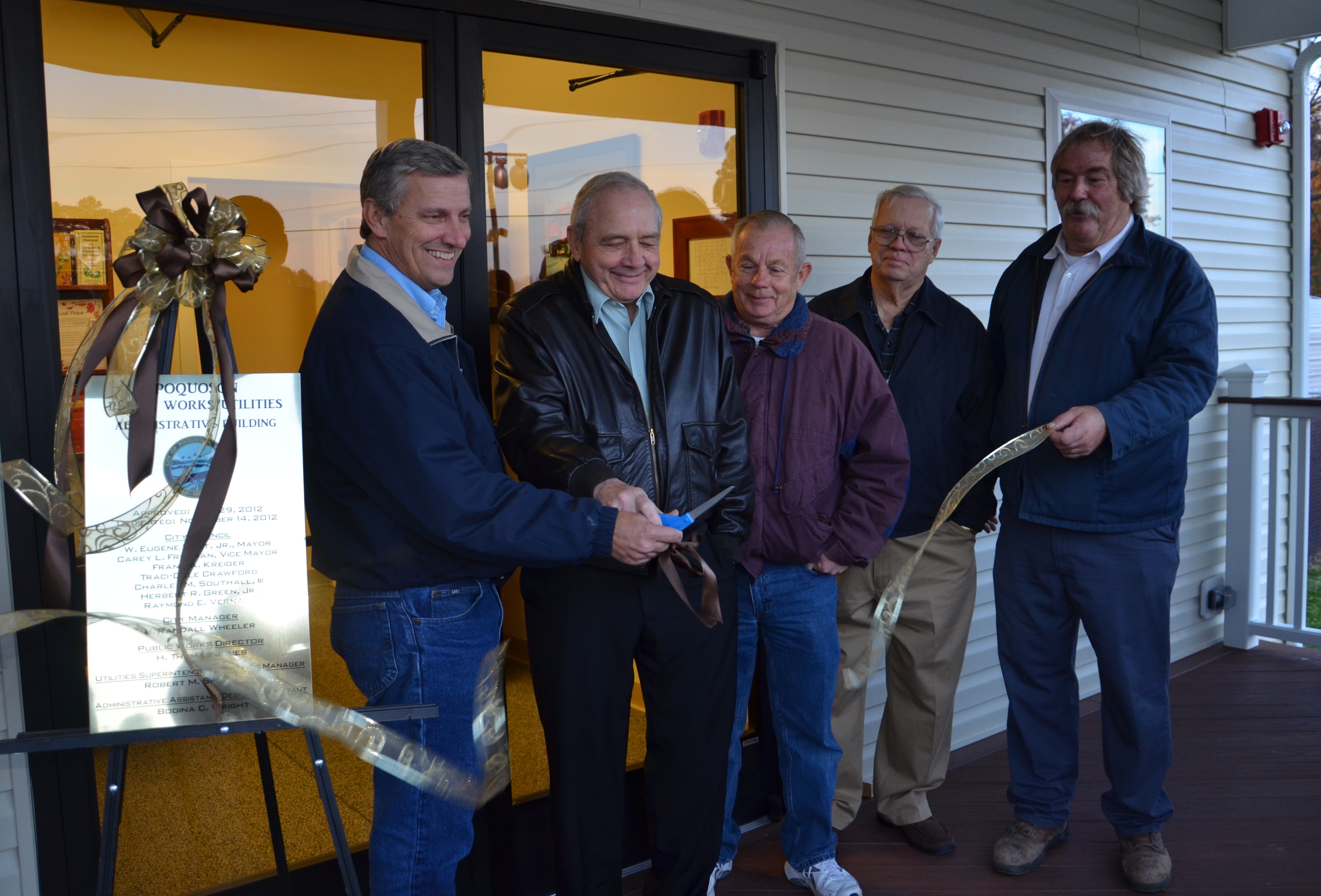On hand for the dedication of the new building were (l-r) Mayor W. Eugene Hunt Jr., Vice Mayor Carey L. Freeman, Council Members Charles M. Southall III and Raymond E. Vernall, and Utilities Superintendent Robert M. Speechley.