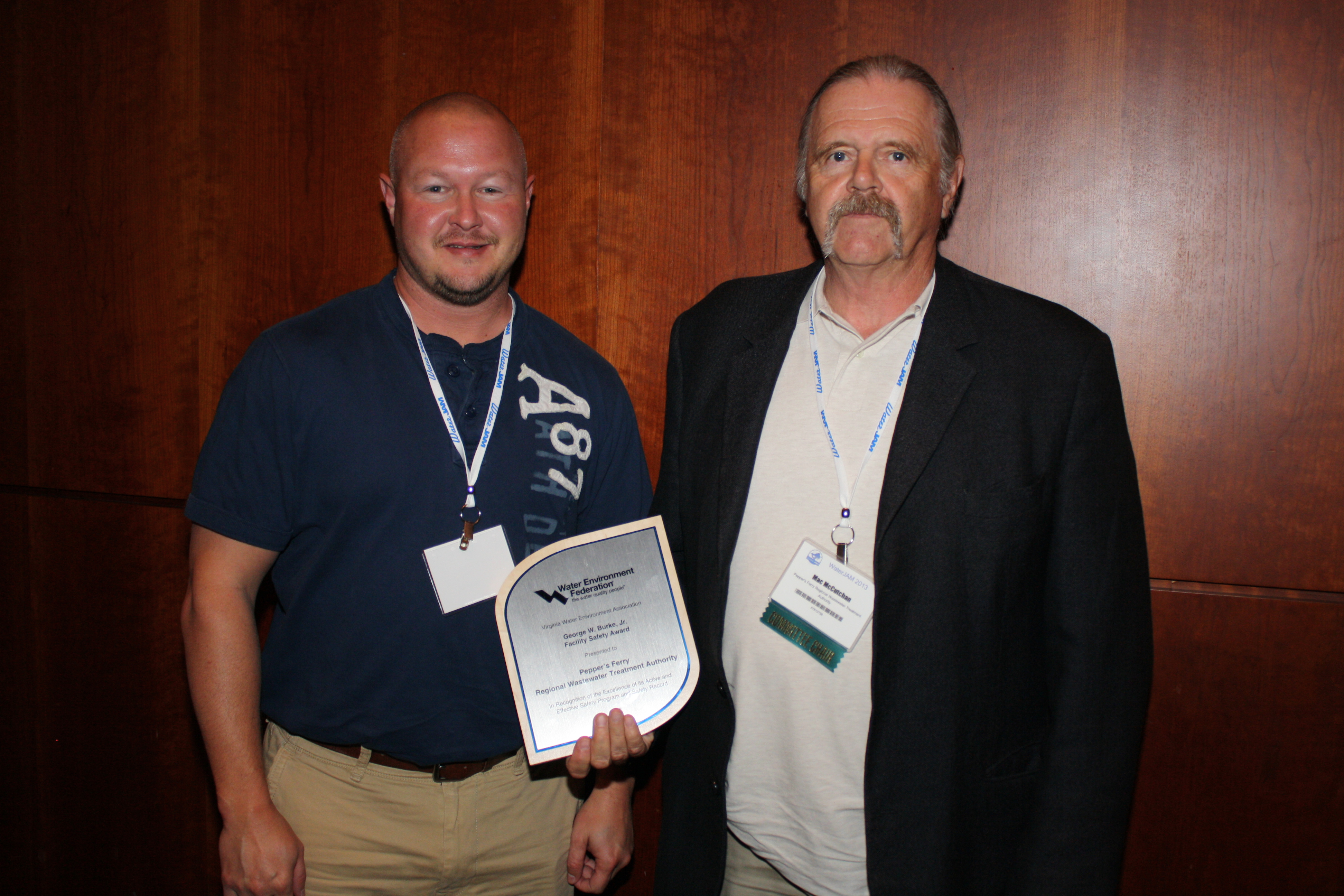 Pepper’s Ferry accepts George W. Burke, Jr. Facility Safety Award. L: Mike Hutchison, Chief Operator, R: Mac McCutchan, Water Plant Superintendent 
