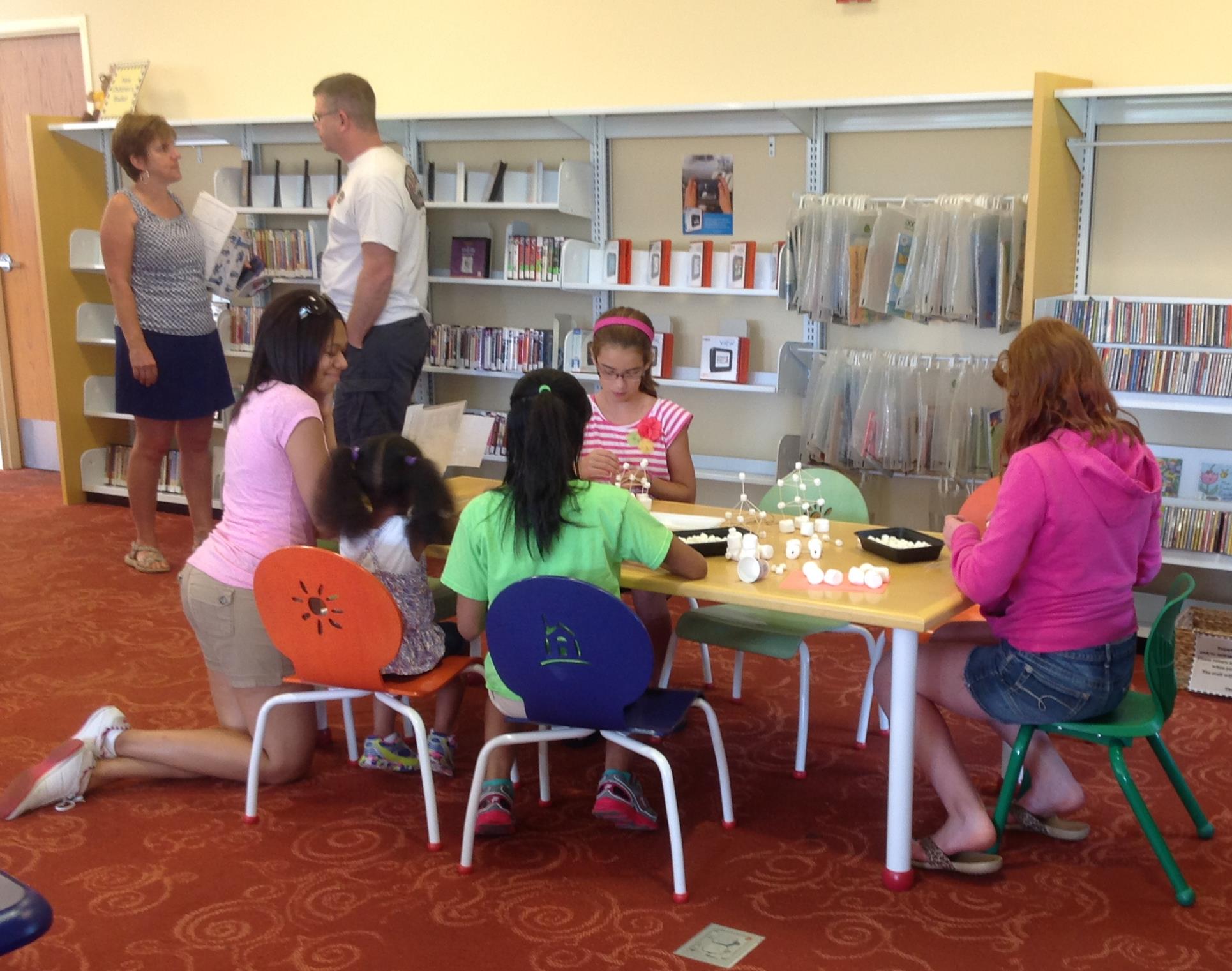 A recent Maker Fair at the  library  was hosted by the local 4-H chapter and involved kids in building structures using marshmallows and toothpicks.  Lots of fun was had and marshmallows eaten.